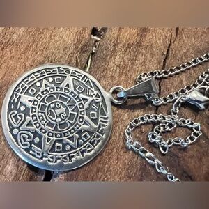 Mexico Silver Tone Necklace Aztec Calendar Black Chain 23”